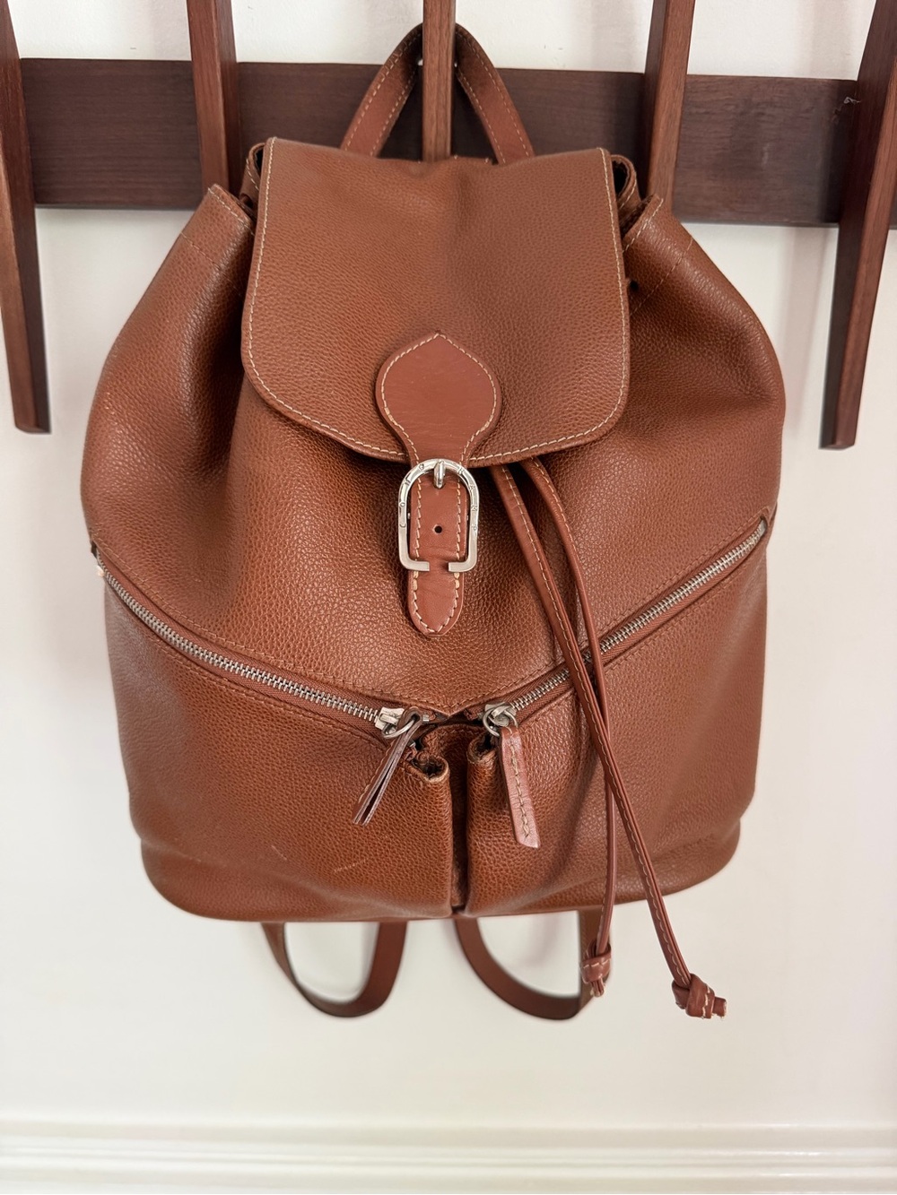 Longchamp Brown Pebbled Leather Drawstring Backpack with Buckle